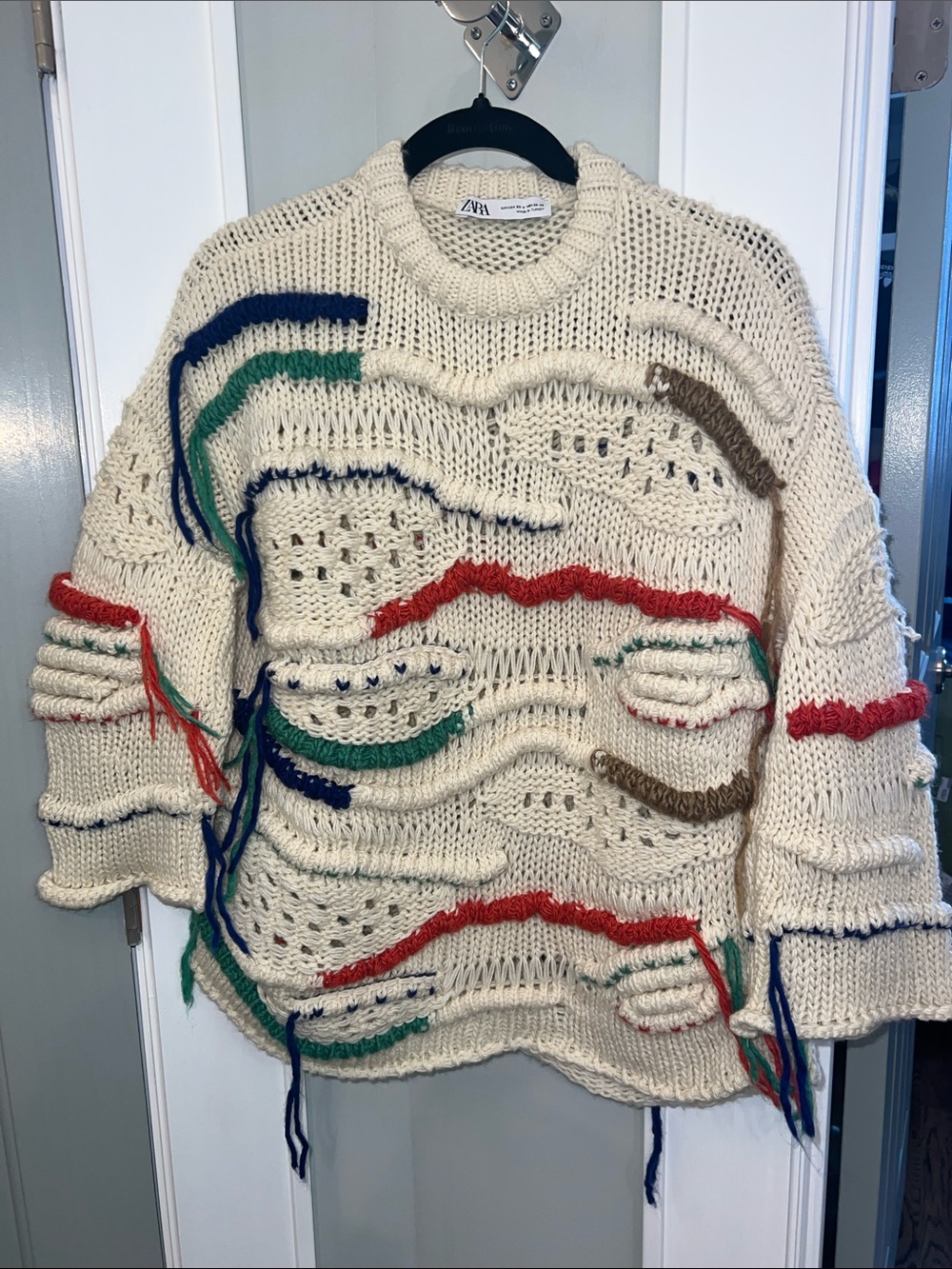 Zara Cream Oversized Knit Sweater with Red, Green, Blue and Brown Accents